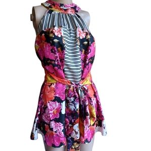 Etcetera Womens Silk Halter Top Multicolor Floral Ribbon Belt Long Size Small